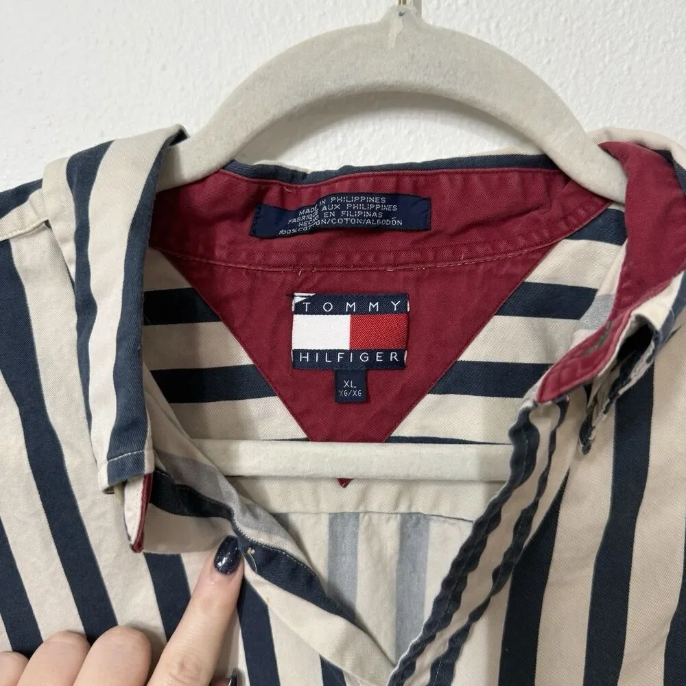 Vintage Tommy Hilfiger Men’s Sailing Flag Yacht Patch Button Striped Shirt Large